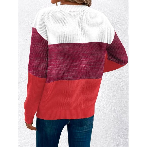 Women's Red Long Sleeve Crew Neck Color Block Fall Fashion Pullover Sweaters - Picture 5 of 5